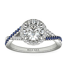 Sapphire and Diamond Halo Twist Engagement Ring in 14k White Gold (1/6 ct. tw.)